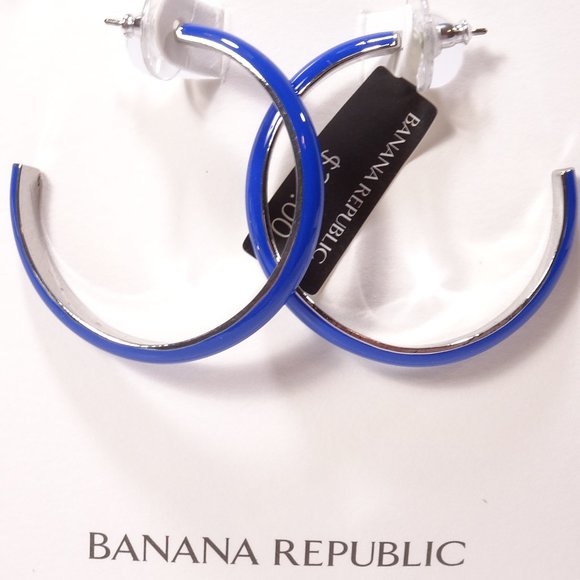 Banana republic  NAVY BLUE Enamel SILVER Hoop Earrings NWT 38 - Picture 1 of 9